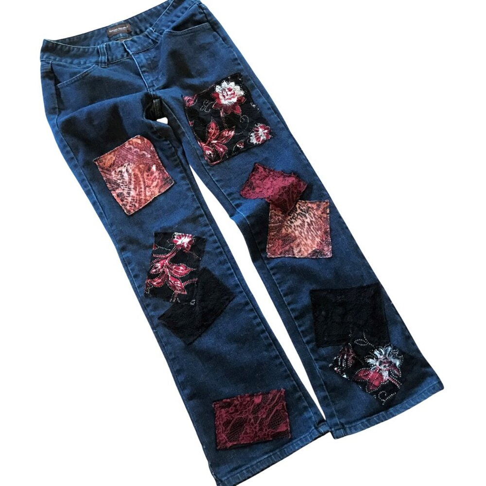 Upcycled Patchwork Jeans Sparkle and Lace Patches, Boho Hippie Jeans, Size 6 - Picture 2 of 10